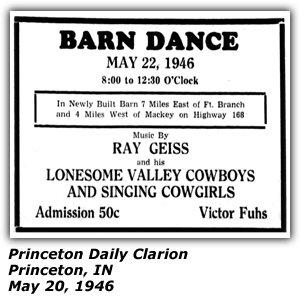 Promo Ad - Barn Dance - Mackey, IN - May  1946 - Ray Geiss and his Lonesome Valley Cowboys and Singing Cowgirls