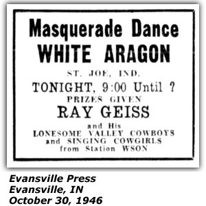 Promo Ad - Masquerade Dance - Evansville, IN - WSON - Ray Geiss and his Lonesome Valley Cowboys and Singing Cowgirls