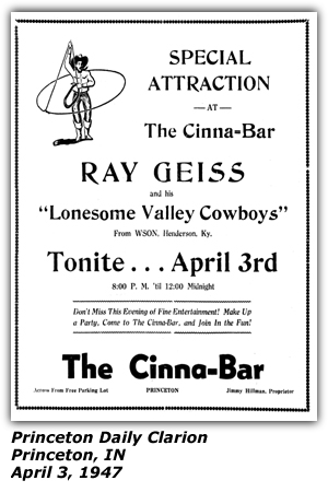 Promo Ad - The Cinna-Bar - Princeton, IN - April 1947 - Ray Geiss and his Lonesome Valley Cowboys - WSON