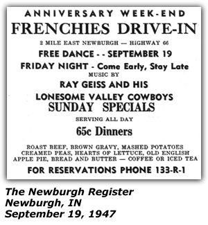Promo Ad - Frenchies Drive-In - Newburgh, IN - September 1947 - Ray Geiss and his Lonesome Valley Cowboys