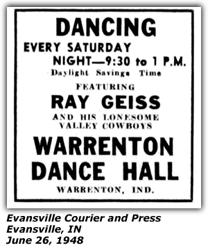 Promo Ad - Warrenton Dance Hall - Evansville, IN - Ray Geiss and his Lonesome Valley Cowboys