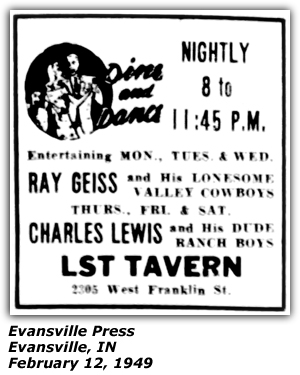 Promo Ad - LST Tavern - Evansville, IN - February 1949 - Ray Geiss and his Lonesome Valley Cowboys - Charles Lewis and his DUde Ranch Boys