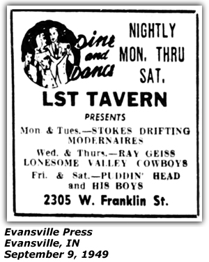 Promo Ad - LST Tavern - Evansville, IN - September 1949 - Stokes Drifting Modernaires - Ray Geiss Lonesome Valley Cowboys