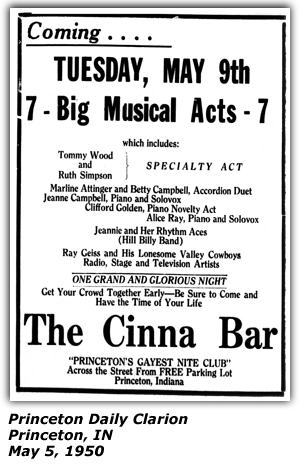 Promo Ad - The Cinna Bar - Princeton, IN - May 1950 - Tommy Wood and Ruth SImpson - Ray Geiss and His Lonesome Valley Cowboys - Jeannie and Her Rhythm Aces
