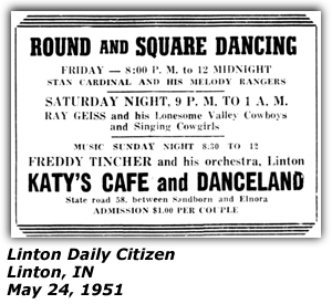 Promo Ad - Katy's Cafe and Dancing - Linton, IN - May 1951 - Ray Geiss and his Lonesome Valley Cowboys and Singing Cowgirls