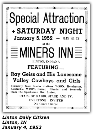 Promo Ad - Miners Inn - Linton, IN - January 1952 - Ray Geiss and his Lonesome Valley Cowboys - WSON - WROY