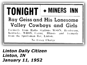 Promo Ad - Miners Inn - Linton, IN - January 1952 - Ray Geiss and his Lonesome Valley Cowboys