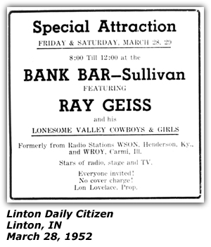 Promo Ad - Bank Bar - Sullivan, IN - March 1952 - Ray Geiss and his Lonesome Valley Cowboys and Singing Cowgirls