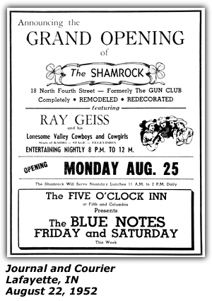 Promo Ad - The Shamrock - Lafayette, IN - August 1952 - Ray Geiss and his Lonesome Valley Cowboys and Singing Cowgirls