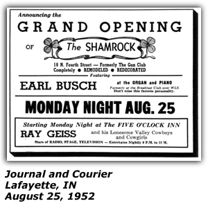 Promo Ad - The Shamrock - Lafayette, IN - August 1952 - Ray Geiss and his Lonesome Valley Cowboys and Singing Cowgirls - Earl Busch