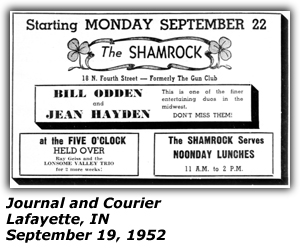 Promo Ad - The Shamrock - Lafayette, IN - September 1952 - Ray Geiss and his Lonesome Valley Cowboys and Singing Cowgirls -  Bill Odden - Jean Hayden