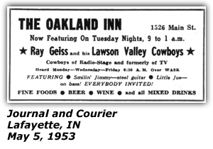 Promo Ad - The Oakland Inn - Lafayette, IN - May 1953 - Ray Geiss and his Lonesome Valley Cowboys and Singing Cowgirls - Smiling Jimmie - Little Joe