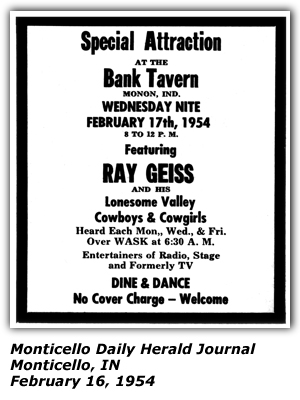 Promo Ad - Bank Tavern - Monticello, IN - February 1954 - Ray Geiss and his Lonesome Valley Cowboys and Singing Cowgirls