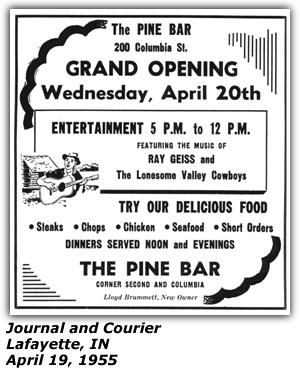 Promo Ad - The Pine Bar - Lafayette, IN - April 1955 - Ray Geiss and his Lonesome Valley Cowboys