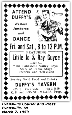 Promo Ad - Duffy's Tavern - Evansville, IN - March 1959 - Little Jo and Ray Geiss and his Lonesome Valley Boys