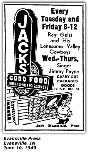 Promo Ad - Jack's - Evansville, IN - Ray Geiss and his Lonesome Valley Cowboys and Singing Cowgirls - Jimmy Payne