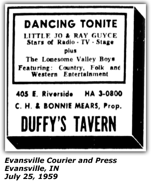 Promo Ad - Duffy's Tavern - Evansville, IN - July 1959 - Little Joe - Ray Guyce - Lonesome Valley Boys