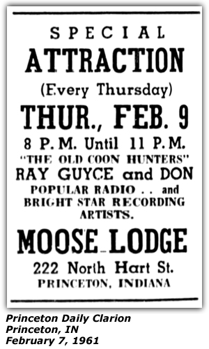 Promo Ad - Moose Lodge - Princeton, IN - February 1961 - The Old Coon Hunter - Ray Guyce