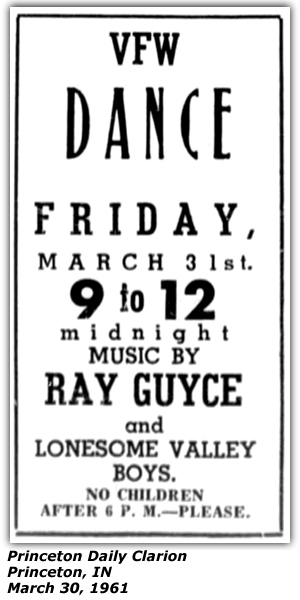 Promo Ad - VFW Dance - Princeton, IN - March 1961 - Ray Guyce and Lonesome Valley Boys