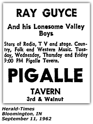 Promo Ad - Pigalle Tavern - Bloomington, IN - September 1962 - Ray Guyce - Lonesome Valley Boys