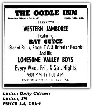 Promo Ad - The Oodle Inn - Linton, IN - Western Jamboree - Ray Guyce - Lonesome Valley BOys - March 1964