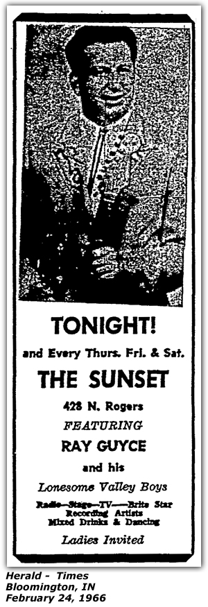 Promo Ad - The Sunset - Bloomington, IN - February 1966 - Ray Guyce and his Loneosme Valley Boys