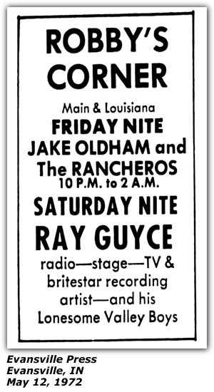 Promo Ad - Robby's Corner - Evansville, IN - May 1972 - Jake Oldham and the Rancheros - Ray Guyce and his Lonesome Valley Boys