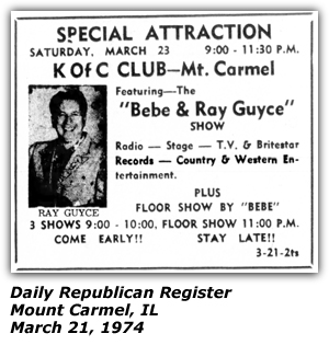 Promo Ad - K of C Club - Mount Carmel, IL - March 1974 - Bebe and Ray Guyce Show