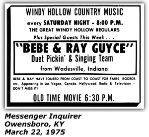 Promo Ad - Windy Hollow Country Music - Owensboro, KY - March 1975 - Bebe and Ray Guyce - March 1975