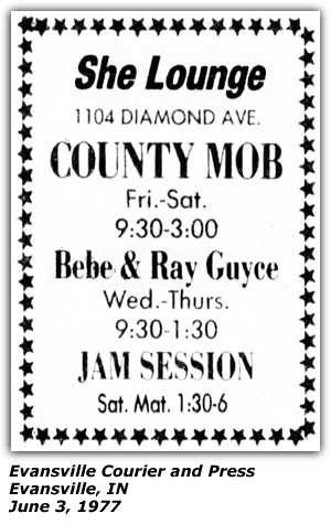 Promo Ad - She Lounge - Evansville, IN - June 1977 - Bebe and Ray Guyce