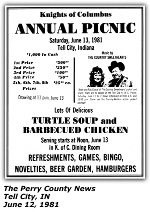 Promo Ad - Annual Picnic - Knights of Columbus - June 1981 - Tell City, IN - Bebe and Ray Guyce - The Country Sweethearts