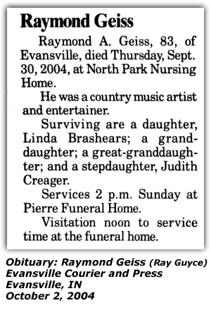 Obituary - Evansville, IN - Raymond Geiss - October 2, 2004