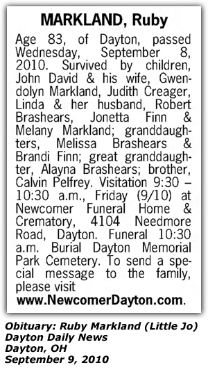 Obituary - Dayton, OH - Ruby Markland (Little Jo) - September 9, 2010
