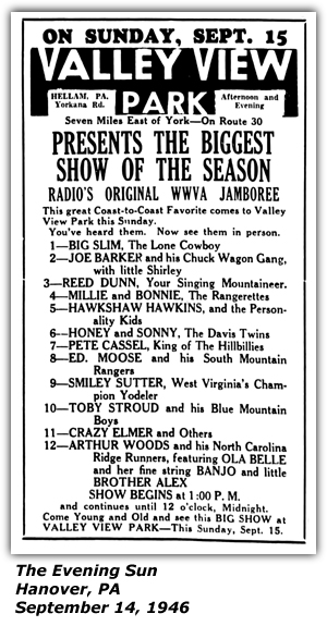 Promo Ad - Valley View Park - York, PA - Big Slim - Joe Barker - Reed Dunn - Millie and Bonnie - Hawkshaw Hawkins - Oney and Sonny - Pete Cassel - Smiley Sutter - Toby Stroud - Crazy Elmer - September 1946