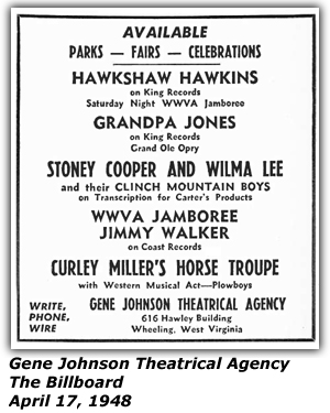 Promo Ad - Gene Johnson Theatrical Agency - Hawkshaw Hawkins - Grandpa Jones - Stoney and Wilma Lee Cooper - Jimmy Walker - Curly Miller's Horse Troupe - Billboard - April 1948
