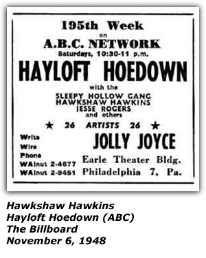 Promo Ad - Jolly Joyce - Hawkshaw Hawkins - Sleepy Hollow Gang - Jesse Rogers - Hayloft Hoedown - November 1948
