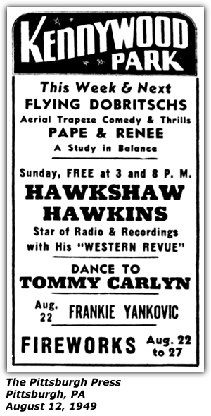 Promo Ad - Kennywood Park - Hawkshaw Hawkins - August 1949