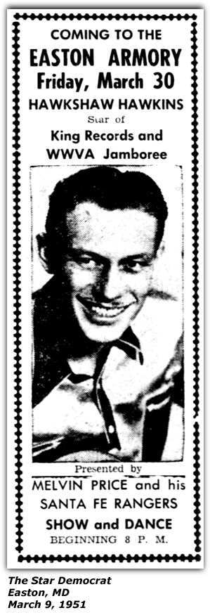 Promo Ad - Easton Armory - Easton, MD - Hawkshaw Hawkins - Melvin Price and Santa Fe Rangers - March 1951