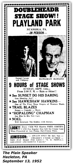 Promo Ad - Playland Park - Nuangola, PA - Sunset Carson - Hawkshaw Hawkins - September 1952