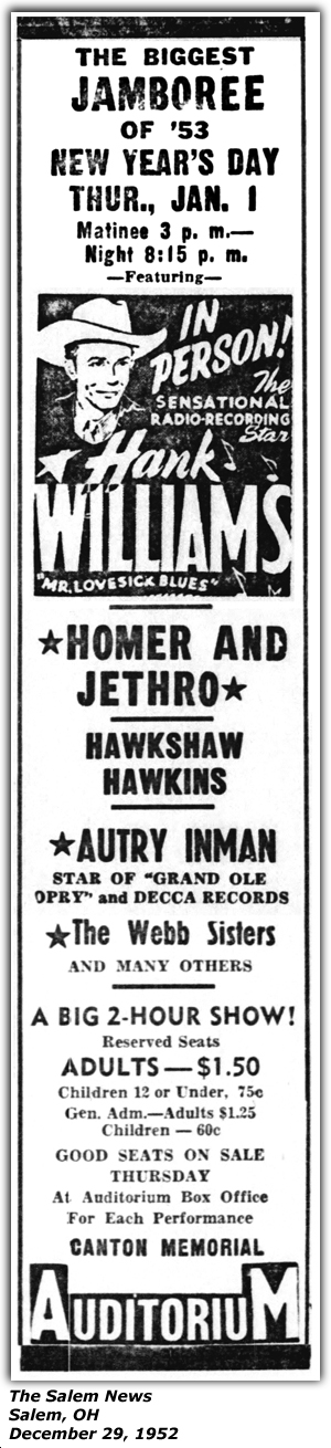 Promo Ad - Canton, OH - Hank Williams - Homer and Jethro - Hawkshaw Hawkins - Autry Inman - December 29, 1952