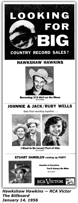 Promo Ad - RCA Victor - Hawkshaw Hawkins - Johnnie and Jack - Ruby Wells - Stuart Hamblen - Billboard - January 1956