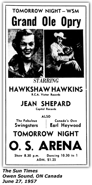Promo Ad - O. S. Arena - Owen Sound, ON Canada - Jean Shepard - Hawkshaw Hawkins - June 1957