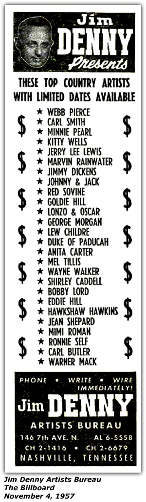 Promo Ad - Jim Denny Artists Bureau - Hawkshaw Hawkins - Jean Shepard - Nov 1957