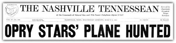 March 6, 1963 - Headline - The Tennessean - Hawkshaw Hawkins - Randy Hughes - Patsy Cline - Cowboy Copas