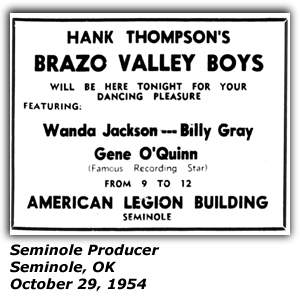 Promo Ad - American Legion Building - Seminole, OK - Hank Thompason and his Brazos Valley Boys - Wanda Jackson - Billy Gray - Gene O'Quinn - October 1954