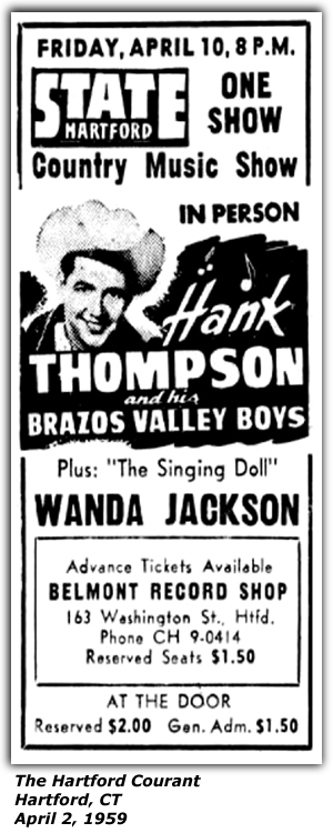 Promo Ad - State Theatre Hartford - Hank Thompson and his Brazos Valley Boys - Singing Doll - Wanda Jackson - April 1959