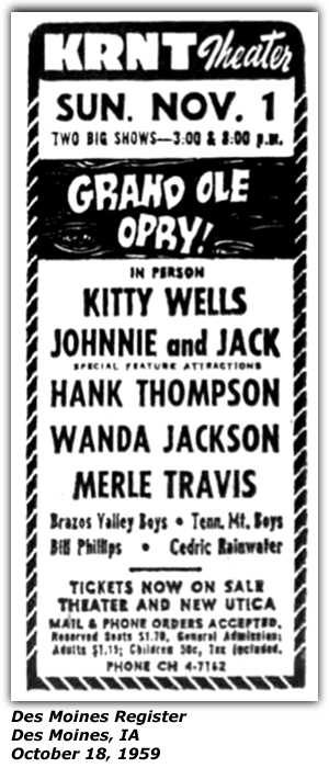Promo Ad - KRNT Theatre - Des Moines, IA - Kitty Wells - Johnny and Jack - Hank Thompson - Wanda Jackson - Merle Travis - Bill Phillips - Cedric Rainwater - October 1959