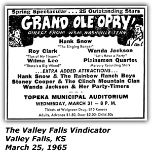Promo Ad - Topeka Municipal Auditorium - Topeka, KS - Hank Snow - Roy Clark - Wanda Jackson - Wilma Lee - Plainsmen Quartet - March 1965