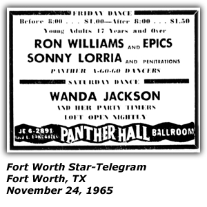 Promo Ad - Panther Hall Ballroom - Fort Worth, TX - Ron Williams - Sonny Lorria - Wanda Jackson and her Party Timers - November 1965