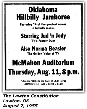 Promo Ad - McMahon Auditorium - Lawton, OK - Oklahoma Hillbilly Jamboree - Jud 'n' Jody; Norma Beasler (Golden Voice of TV); August 1955